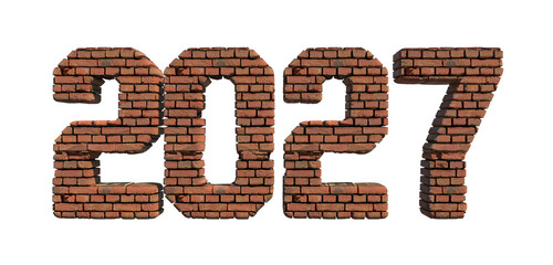 2027 red brick wall bold letters isolated on white 3d-illustration
