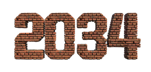 2034 red brick wall bold letters isolated on white 3d-illustration
