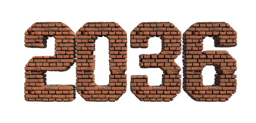 2036 red brick wall bold letters isolated on white 3d-illustration
