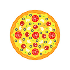 Whole pizza with tomatoes, olives and mushrooms top view in flat style isolated on white background. Vector stock illustration. 