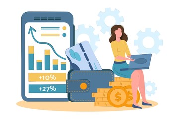 freelancer girl sits on money and works online. business woman works at a laptop. Financial independence. money online