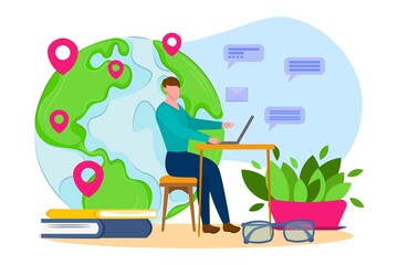 Global outsourcing concept. People work with laptop computer, online business communication. Vector flat illustration. 