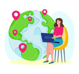 Global outsourcing concept. People work with laptop computer, online business communication. Vector flat illustration. 