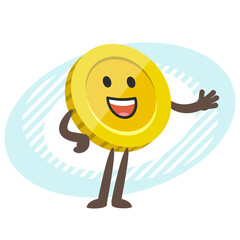 Cartoon Coin Character explaining and pointing somewhere with his hand