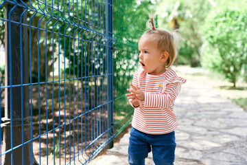Little girl stands on a paved path near a metal fence with an open mouth