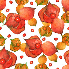 Orange, green watercolor physalis seamless pattern. Autumn berry illustration. Botanical background.Design for home decoration, fabric, wallpaper, gift wrap, stationery, textile, wrapping, packing.