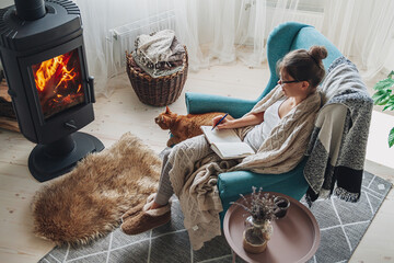 Young woman write in a notebook sitting in a armchair by the fireplace with a domestic cat
