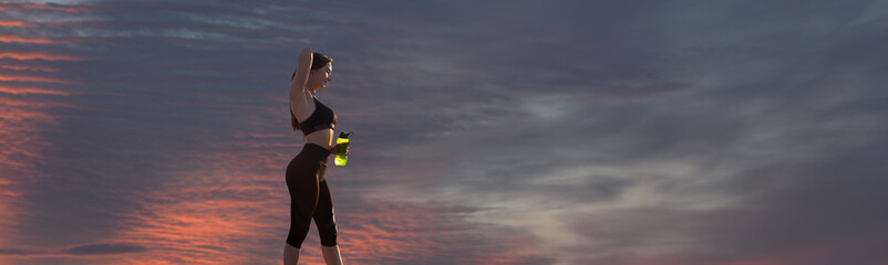 A sporty slim girl in leggings and a top is standing with a training mat, resting between exercises. Fitness and healthy lifestyle.