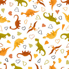 Seamless pattern with Dinosaurs and multicolored hearts. Vector color illustration on white background in flat style with lines.
