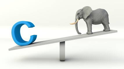 3D illustration of Balance Concept of the letter C and an Elephant on a Seesaw 