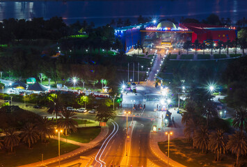 Dubai,UAE - 07.22.2021 Entrance to creek park and children city at night. City