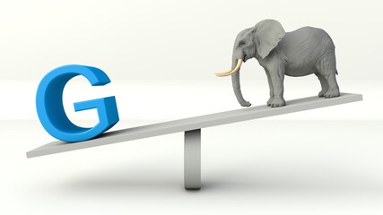 3D illustration of Balance Concept of the letter G and an Elephant on a Seesaw 