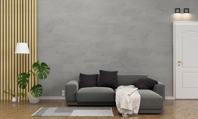 grey sofa in modern living room with free wall space, 3d rendering