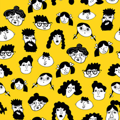 Fototapeta premium Colored seamless pattern with funny people faces in doodle graphics style on yellow background. Concept of love and friendship, characters of people of different genders and ages. 