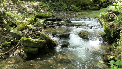 strumień wody w górach wśród kamieni, górski potok, głazy, mech