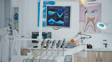 Close up of professional dental stomatology equipment in modern bright office, orthodontic drill...
