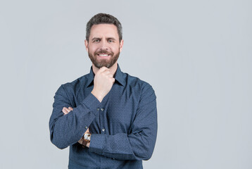 Happy unshaven man smile with healthy teeth in business casual style, dentistry, copy space.