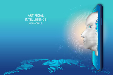 Artificial intelligence provide access to information and data in online smartphone or on mobile. AI in the form of face man cyborg or bot coming out of the screen phone. 