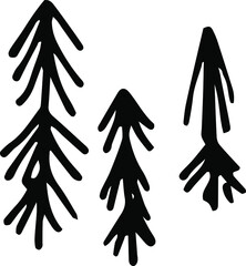 Collection of Christmas trees doodles. Three Christmas trees on a white background drawn by hand. Vector illustration.
