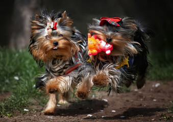 Running Yorkshire Terriers with a toy