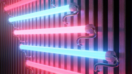 Flickering Fluorescent Neon Tubes Glow Red and Blue Light Reflections - Abstract Background Texture