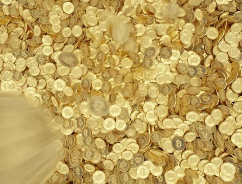 Falling Bitcoin. Bitcoin rain of gold coins. Cash flow. Gold coins filled the screen. The best for the winners. Casino jackpot. Dynamic 3D animation.