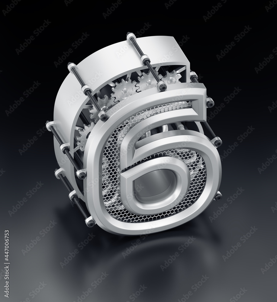 Poster the number six. orthographic projection of designed in technological style 3d digit which is assembl