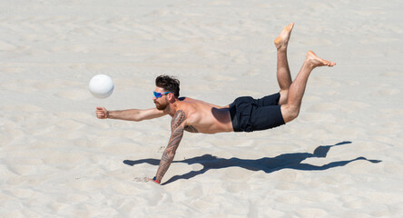 Professional beach volleyball player in action, receiving the ball. Horizontal sport poster, greeting cards, headers, website © Augustas Cetkauskas