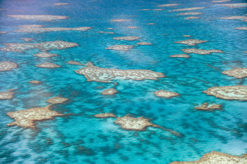 Aerial view of Whitsunday Islands Coral Reef of Queensland from the aircraft.