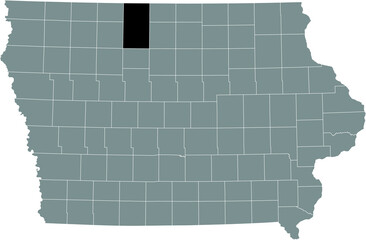 Black highlighted location map of the Kossuth County inside gray map of the Federal State of Iowa, USA