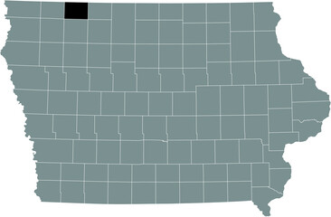 Black highlighted location map of the Dickinson County inside gray map of the Federal State of Iowa, USA