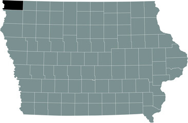Black highlighted location map of the Lyon County inside gray map of the Federal State of Iowa, USA
