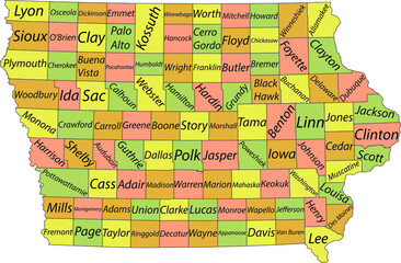 Naklejka premium Pastel vector map of the Federal State of Iowa, USA with black borders and names of its counties