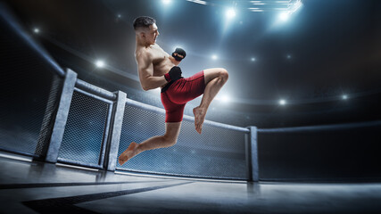 MMA cage. Jumping knee kick in octagon. Male fighter jumping with a knee kick. Sport