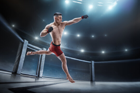 MMA kick. Straight punch. Sport concept. MMA fighter fighter in octagon. Athlete