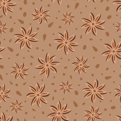 Star anise spice, chai tea latte design with illustrated pod and seed ingredient elements. Warm light brown, monochromatic, stylised, simple, abstract seamless repeat pattern background texture