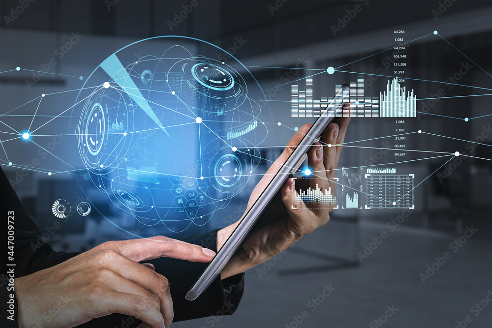 Poster tablet device in hands, businessman browse the internet. huds with digital interface, information se