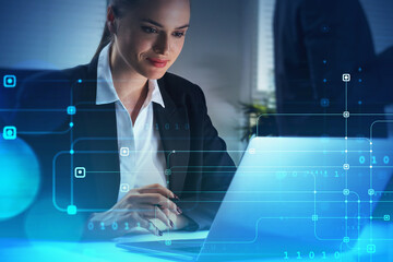 A woman programmer is typing a code on laptop to protect a cyber