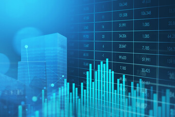 Skyscraper, chart wave with abstarct table in blue