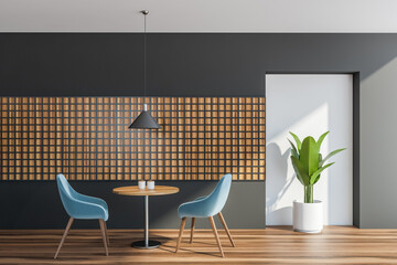 Coffee-room with dark grey walls and meshed wall