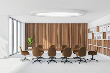 Panoramic meeting room with wide round chandelier and white space