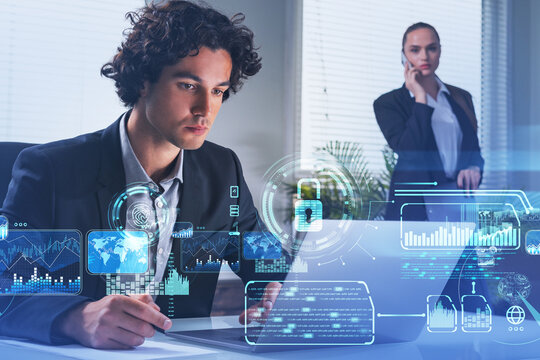 Two thoughtful business people with laptop and smartphone, digital interface of blue glowing information protection icons. Padlock and business data symbols. Concept of cyber security and data storage - Powered by Adobe