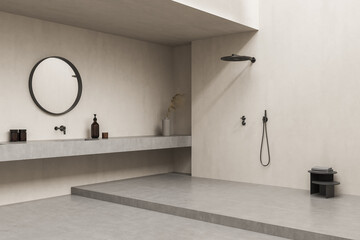 Open shower and round mirror with corner of beige bathroom space