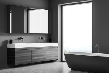 Modern bathroom interior. Concept of contemporary design and spa relaxation. Wood and stone decor...