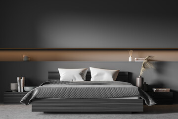 Dark grey bedroom with brown niche in the wall - obrazy, fototapety, plakaty