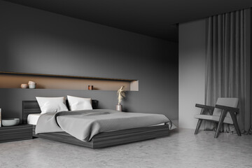 Bedroom space corner with grey interior and illuminated wall niche - obrazy, fototapety, plakaty