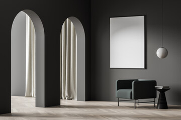 White poster in the dark room corner with the archways and armchair