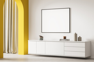 Poster in the light room corner with yellow arch and hanging sideboard