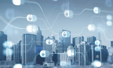 Blue glowing information protection padlock icons over New York panoramic city view. The concept of cyber security and data storage. Double Exposure.