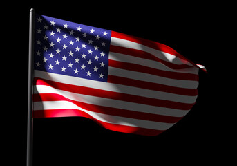 USA flag. Starry striped flag of the United States of America. Flag US on black background. US state symbols. Banner flutters in the wind. 3d image